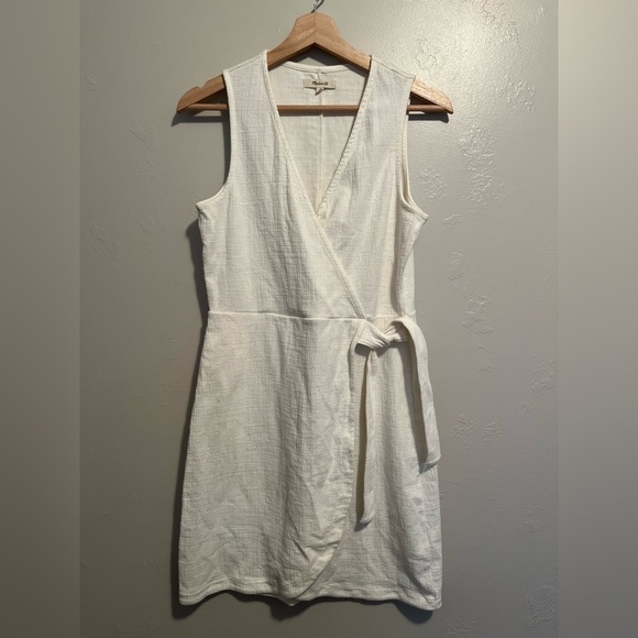Madewell Crosshatch Side Tie Sleeveless Faux Wrap Dress Bright Ivory - Picture 9 of 15